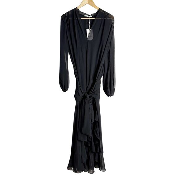 Amanda Uprichard Calliope Black Tie Waist Sheer Ruffled Long Sleeve Maxi Dress S - Picture 2 of 9